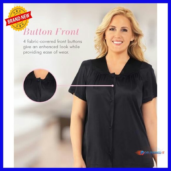 Soft Nylon Pajama Set with Floral Embroidery, Short Sleeve, Elastic Waist - Picture 4 of 6